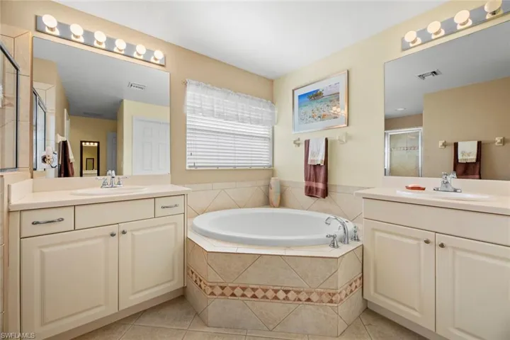 Master bath has dual vanities, large soaking tub