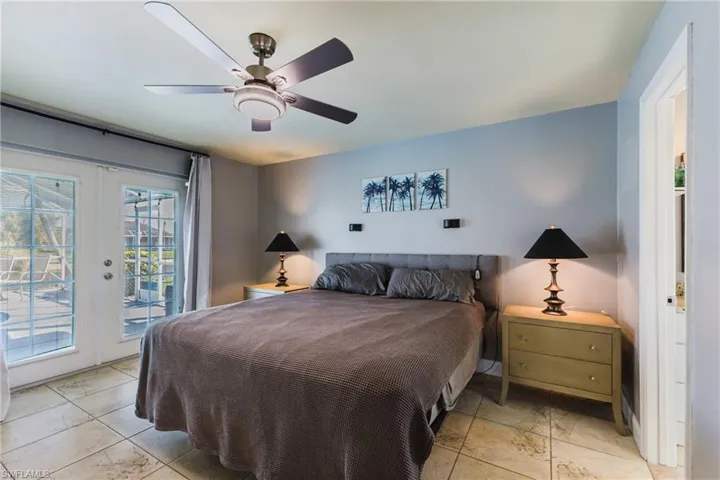 Bedroom with access to exterior, ceiling fan, and french doors