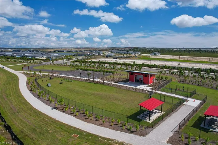 Aerial viewBark Park features 2 fenced in areas for large and small breeds, agility courses, shade pavilions, a water station and restrooms.