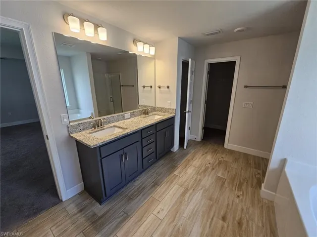 Bathroom with vanity, wood-type flooring, and independent shower and bath