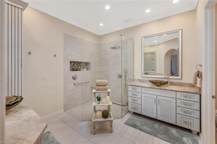 Primary bath walk in shower dual sinks