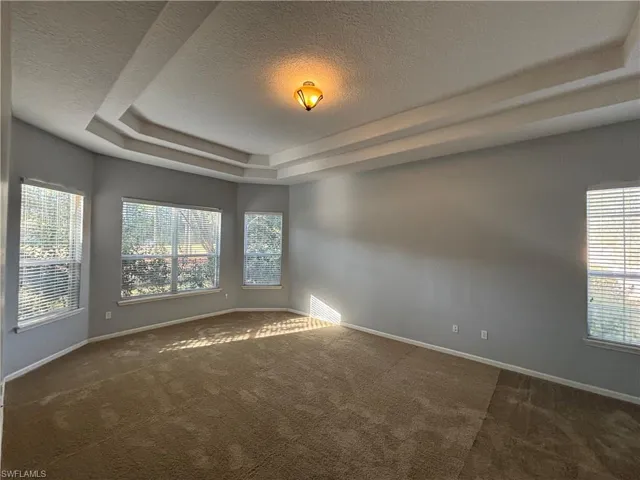 Empty room featuring a raised ceiling, a textured ceiling, and dark colored carpet
