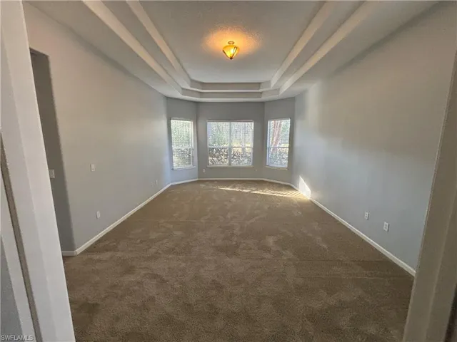 Carpeted spare room with a tray ceiling and baseboards