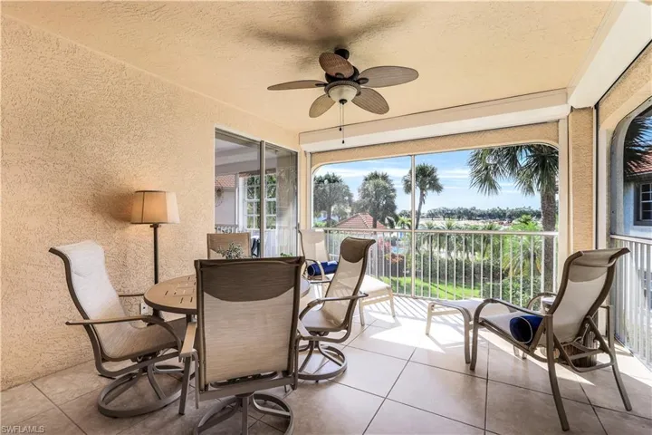 Screened lanai with views over pool to lake and golf course