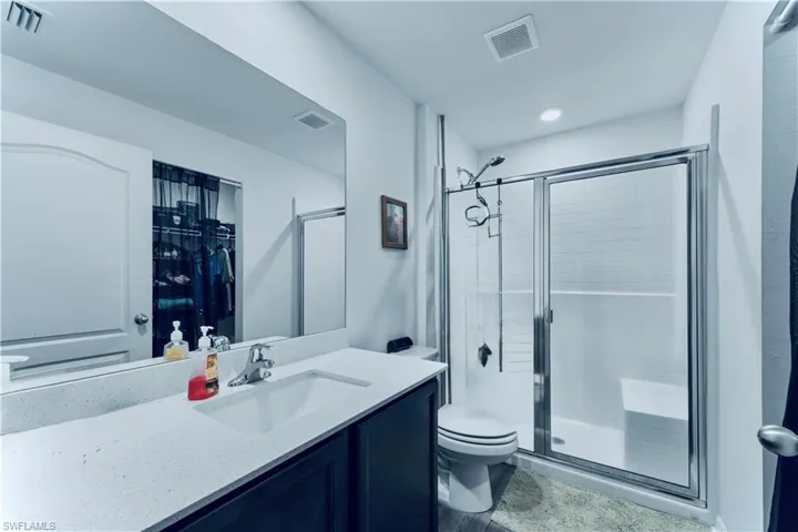 Bathroom featuring a stall shower, toilet, and visible vents