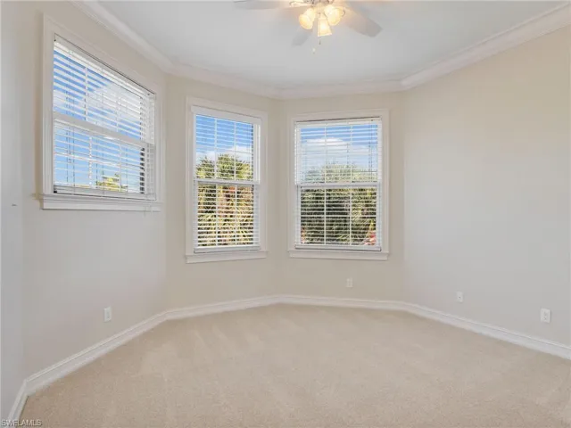 Carpeted empty room featuring ceiling fan and ornamental molding