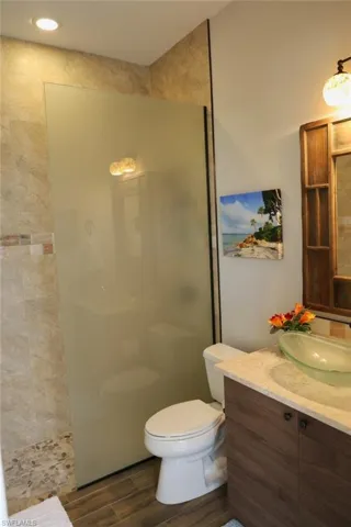 Cabana Bathroom featuring a shower, hardwood / wood-style floors, vanity, and toilet