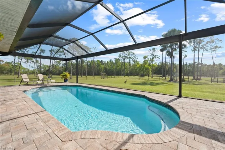 Outdoor pool with a yard, a patio area, and a lanai