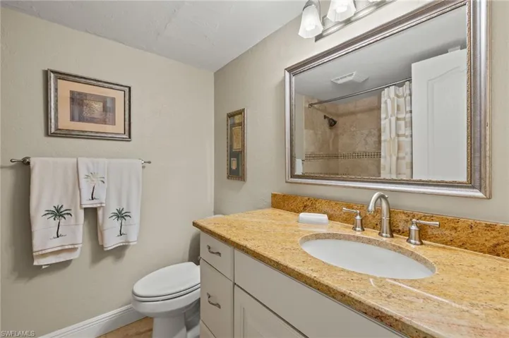 Bathroom featuring toilet, a shower with curtain, and vanity
