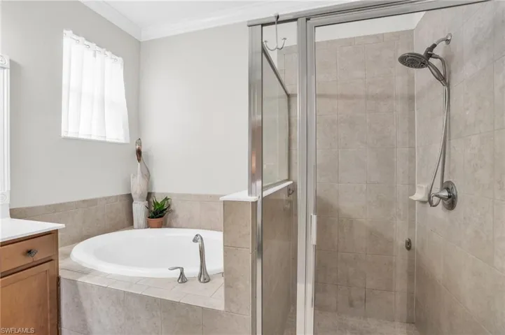 Bathroom featuring ornamental molding, independent shower and bath, and vanity