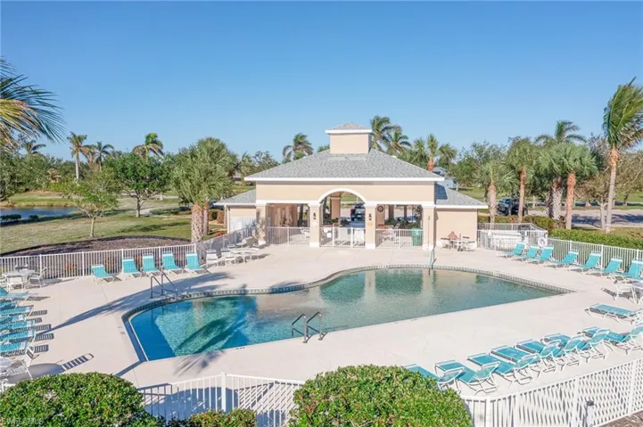 Community pool with a patio and a gazebo