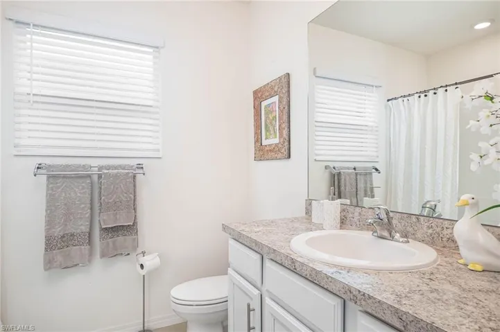 Full bathroom with vanity, a shower with curtain, and healthy amount of natural light