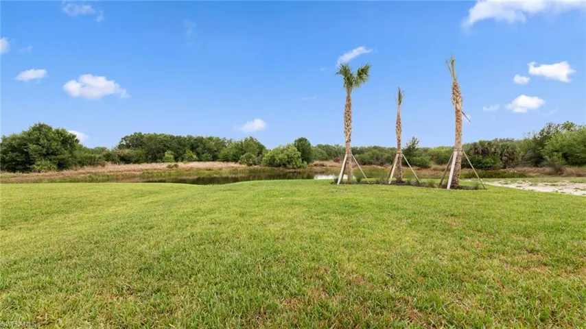 Expansive open green space, swaying palms, and a tranquil pond create a peaceful, private natural setting beyond the lanai.