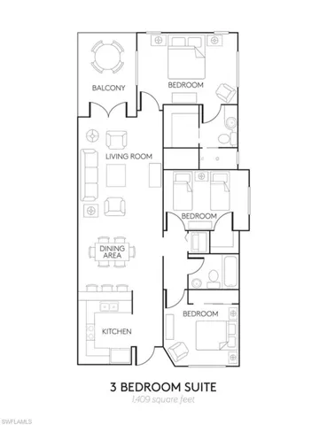 Floor plan for three bedroom condo at Bellasera