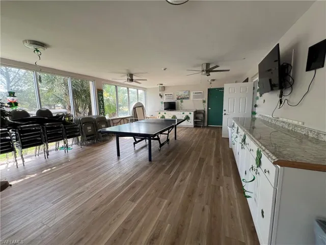 Playroom featuring a ceiling fan and wood finished floors