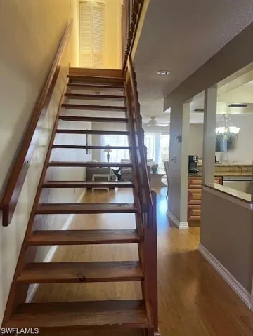 Staircase featuring wood finished floors and ceiling fan