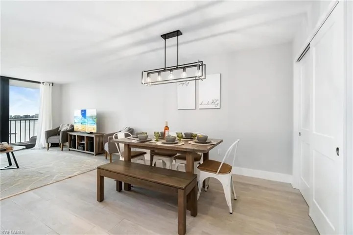 Dining room featuring light wood-type flooring and a wall of windows