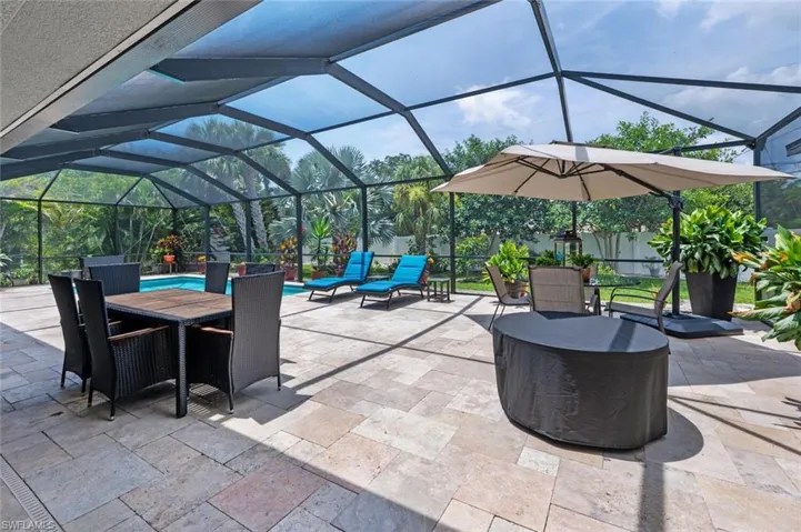 View of patio / terrace featuring outdoor dining area, a lanai, and an outdoor pool