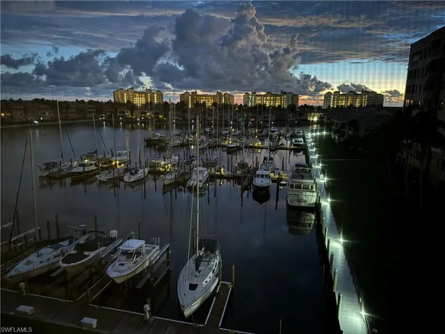 Water view with a dock