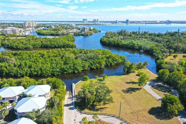 Aerial view of Moody River boat ramp - access to gulf.