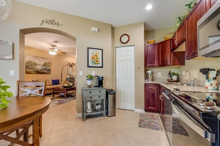 Kitchen dining area with view of the living space