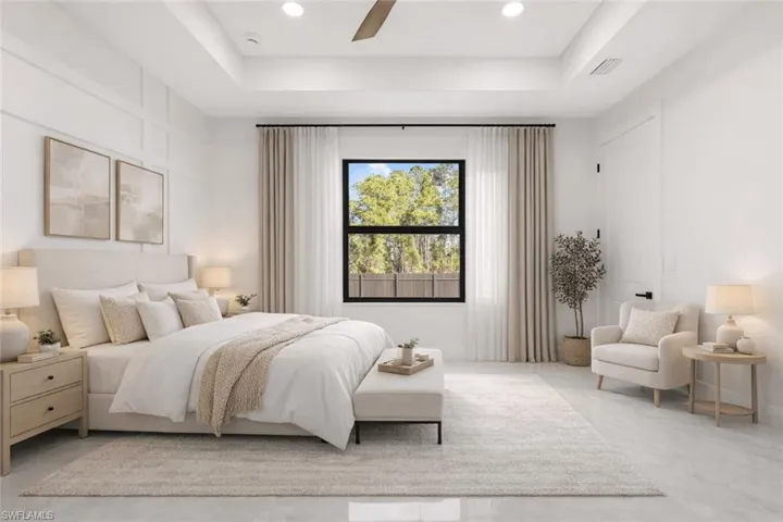 Virtually Staged  Bedroom with a raised ceiling, ceiling fan, and recessed lighting