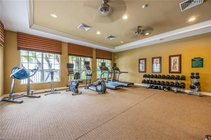 Exercise room with a raised ceiling, carpet, ornamental molding, and ceiling fan