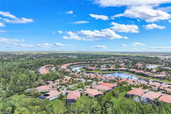 Aerial perspective of suburban area with a nearby body of water