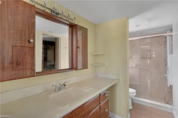 Pre-Ian Bathroom with a stall shower and vanity