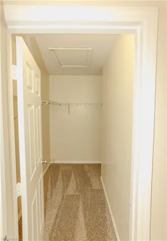 Walk in closet featuring light carpet and attic access
