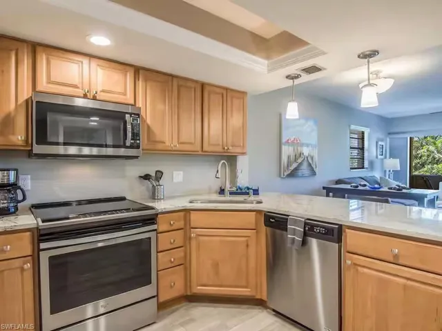 The kitchen features wood cabinetry, stainless steel appliances, and light-colored countertops