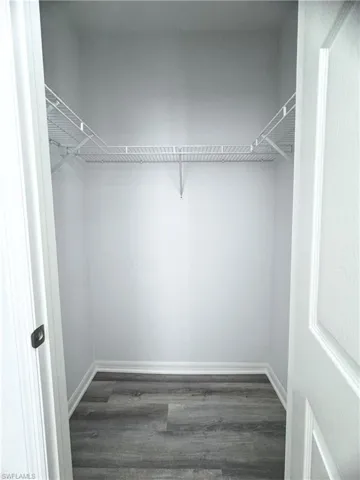 Walk in closet with dark wood-type flooring