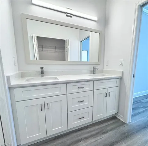 Bathroom featuring hardwood / wood-style flooring, a healthy amount of sunlight, and double sink vanity