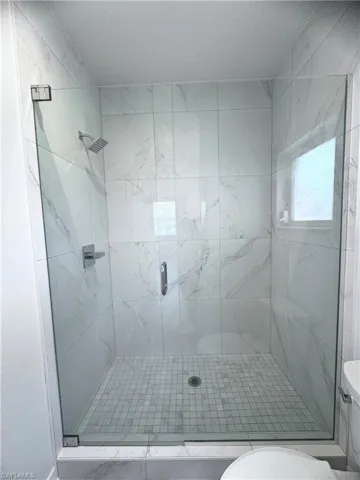 Bathroom with a shower with door and toilet
