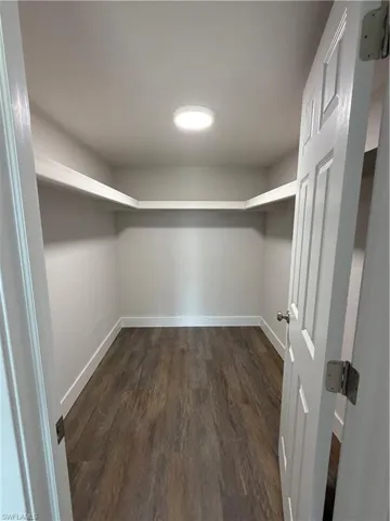 Walk in closet with dark wood finished floors