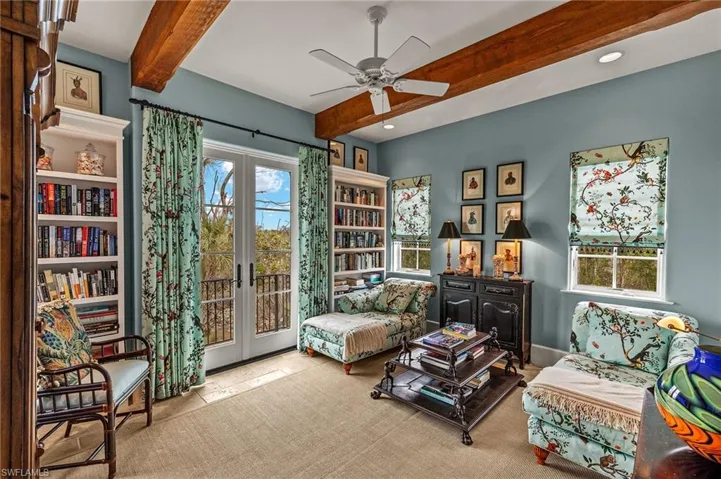 Sitting room with beam ceiling, french doors, ceiling fan, and recessed lighting