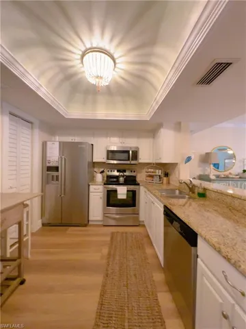 Kitchen with white cabinetry, stainless steel appliances, a tray ceiling, and ornamental molding