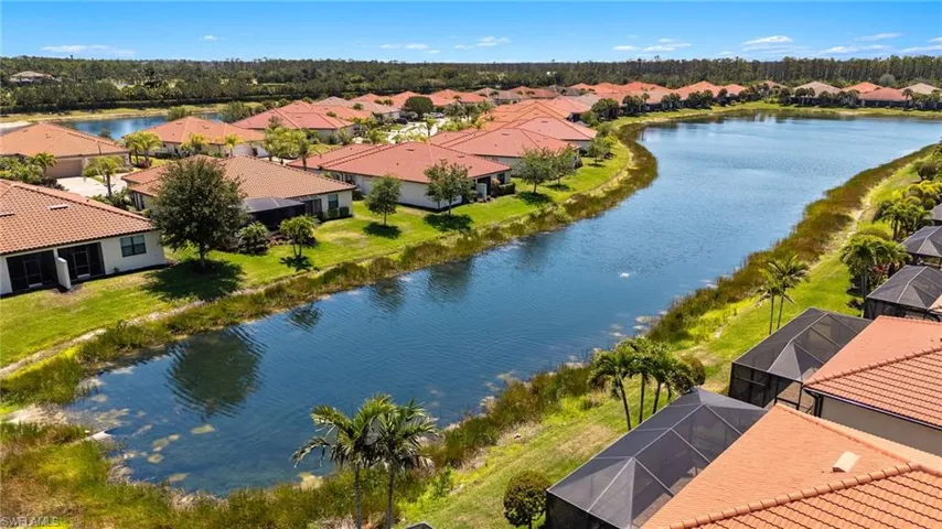 Birds eye view of property with a water view and a residential view