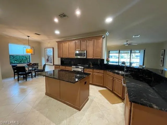 Kitchen featuring dark stone counters, ceiling fan, stainless steel appliances, pendant lighting, and sink