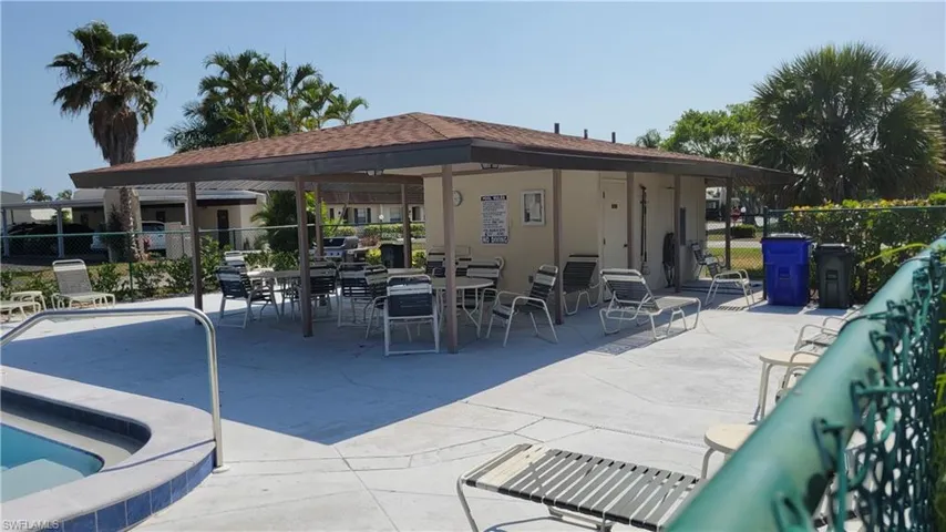 Shaded area and rest rooms next to the pool
