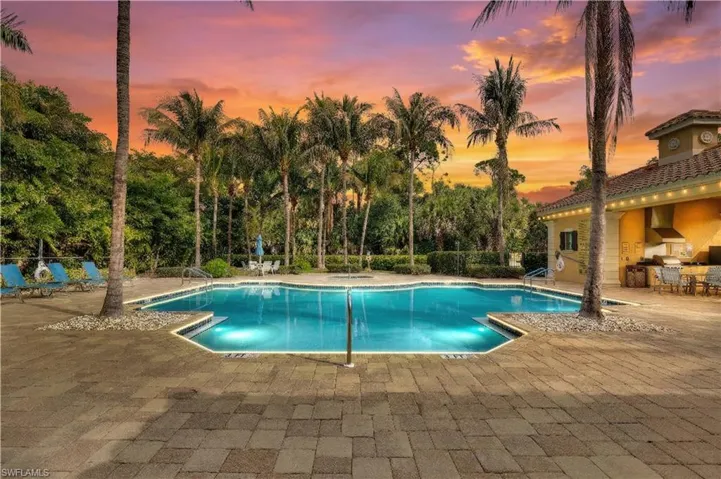 Community pool featuring a patio area and exterior kitchen