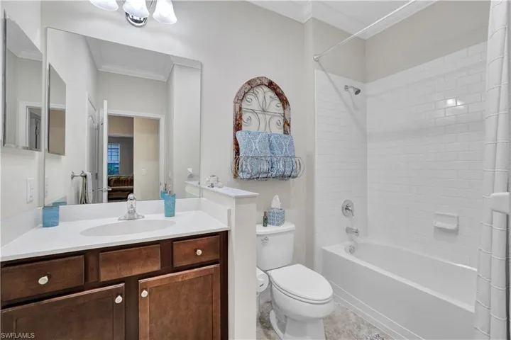 Bathroom featuring vanity, ornamental molding, and  shower combination