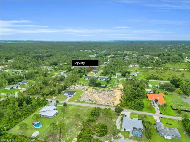Aerial view of residential area with a heavily wooded area