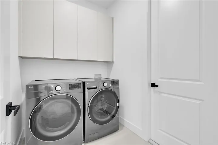 Laundry room with separate washer and dryer and cabinet space