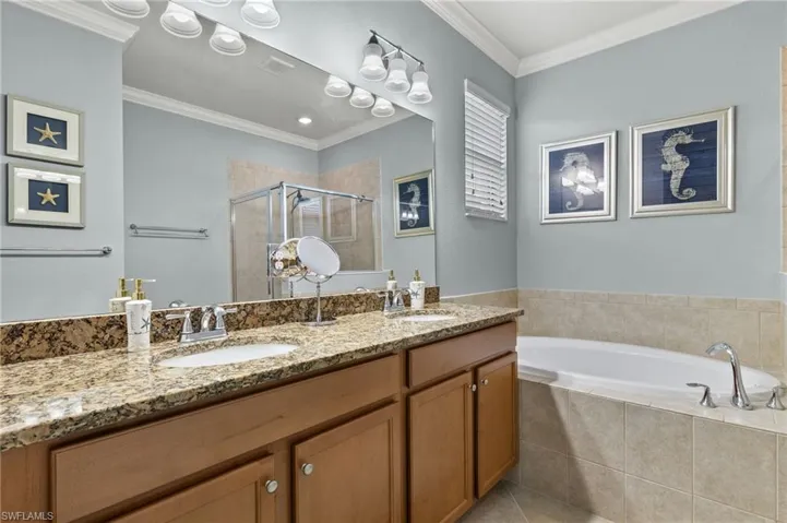 Bathroom featuring tile patterned flooring, vanity, separate shower and tub, and crown molding