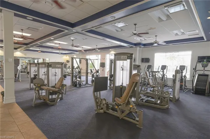 Workout area with carpet, a paneled ceiling, and a healthy amount of sunlight