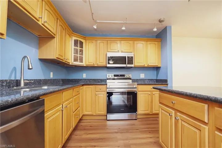 Kitchen featuring stainless steel appliances, dark stone counters, light wood-type flooring, track lighting, and glass insert cabinets