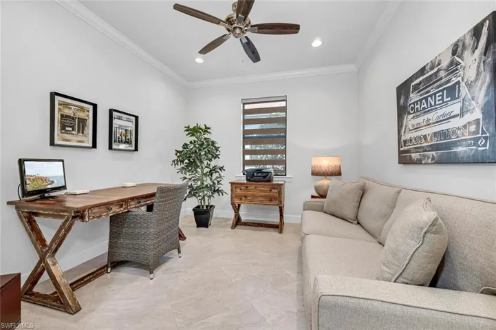 Office featuring ornamental molding, a ceiling fan, and recessed lighting