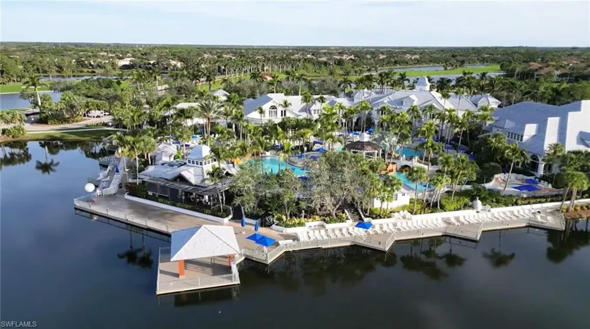 Aerial perspective of suburban area with a nearby body of water