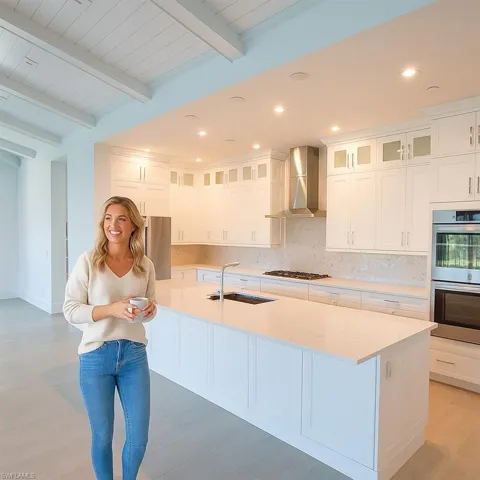 Kitchen, hood, gas stovetop, double oven, beam ceiling, and decorative backsplash